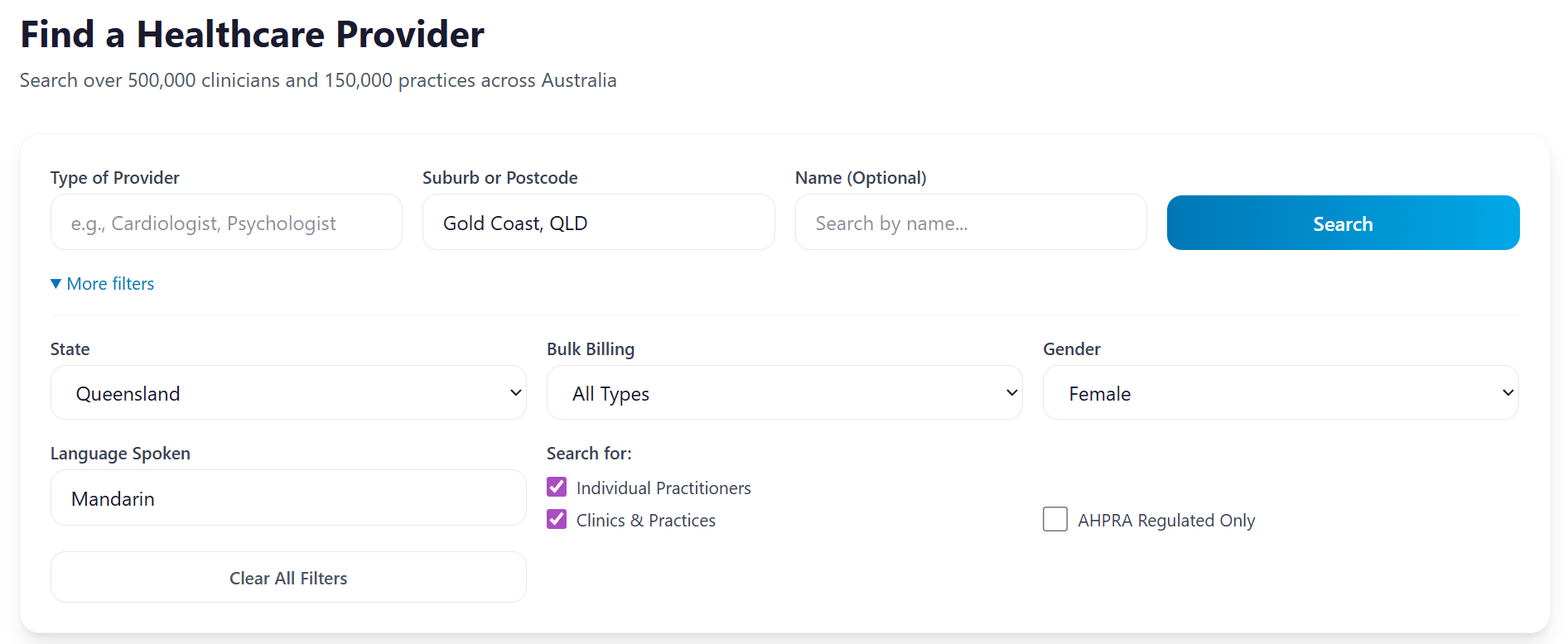 HealthNav Search Filters